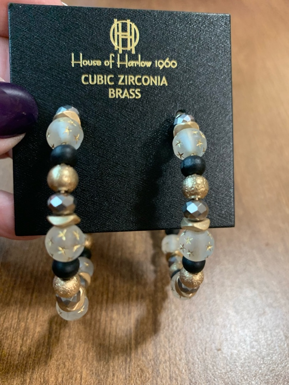 House of Harlow 1960 Gold, Black and Frosted Star Bead Hoop Earrings